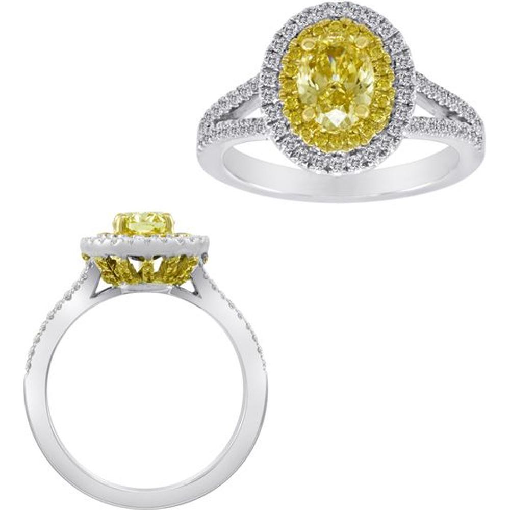 Roman & Jules - 18K White and Yellow Gold Oval Fancy Yellow Diamond Ring with Round Diamond Halo - 0.91 Carat Total Diamond Weight