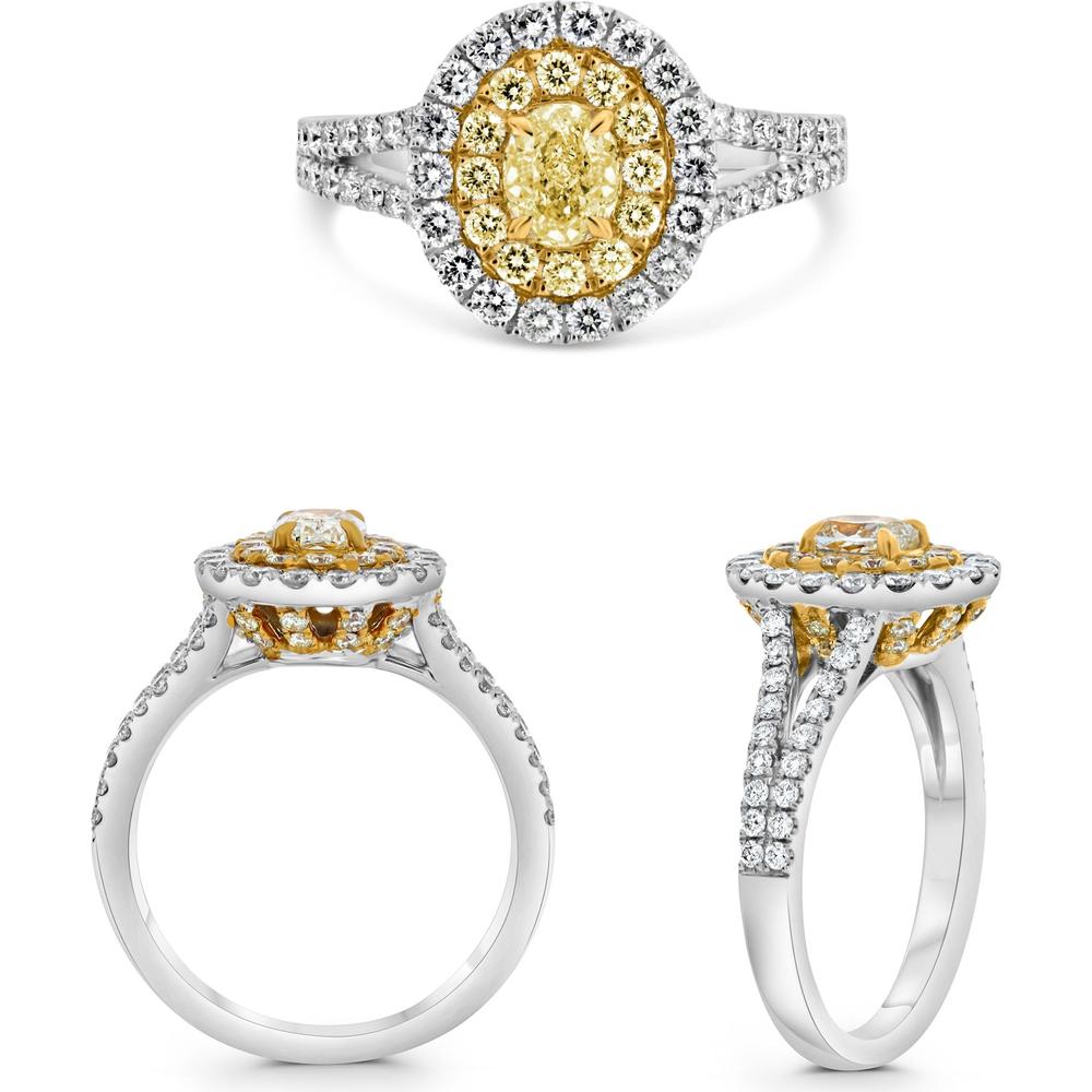 Roman & Jules - 18K White and Yellow Gold Oval Fancy Yellow Diamond Ring with Round Diamond Halo - 1.03 Carat Total Diamond Weight