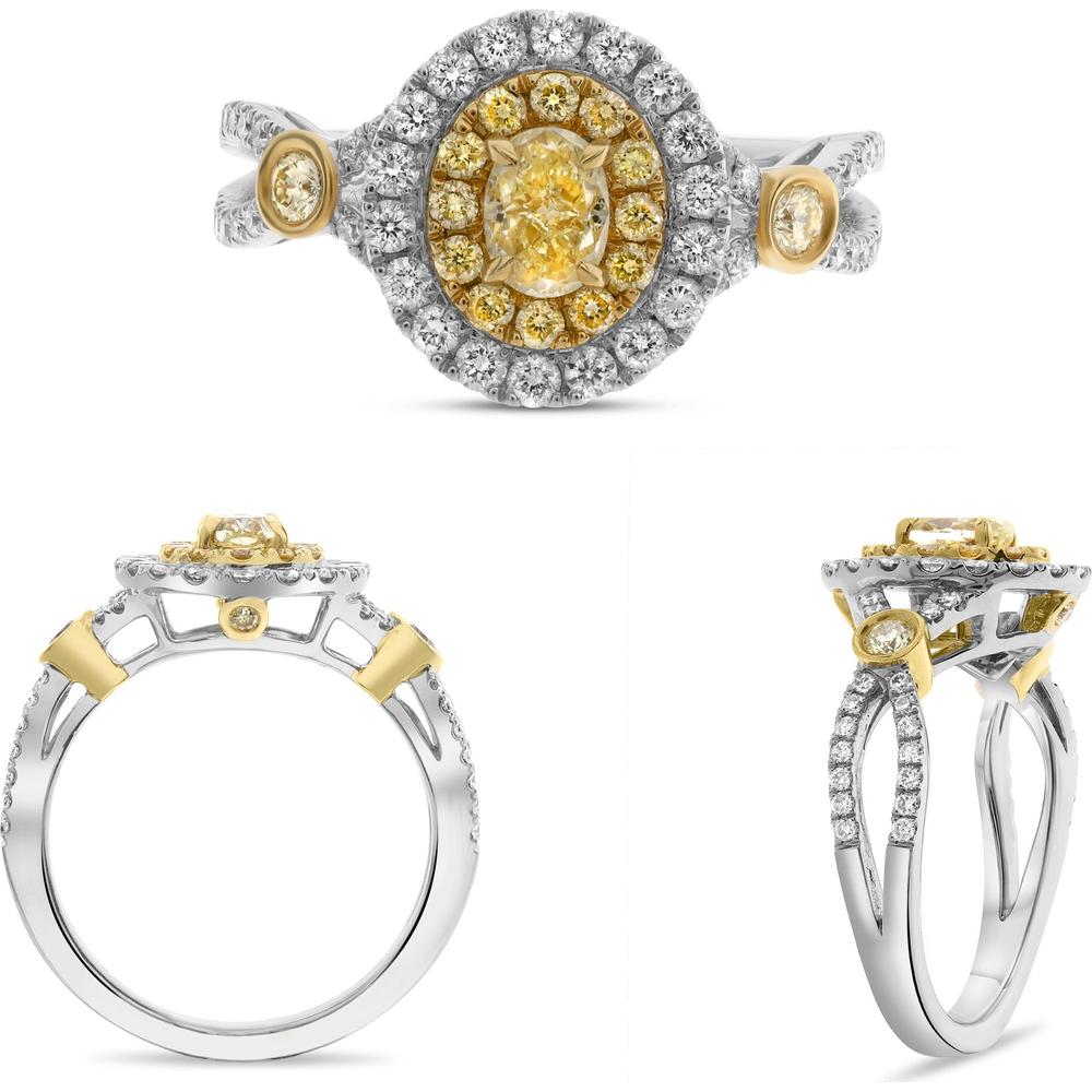 Roman & Jules - 18K White and Yellow Gold Oval Fancy Yellow Diamond Ring with Round Diamond Halo - 1.34 Carat Total Diamond Weight