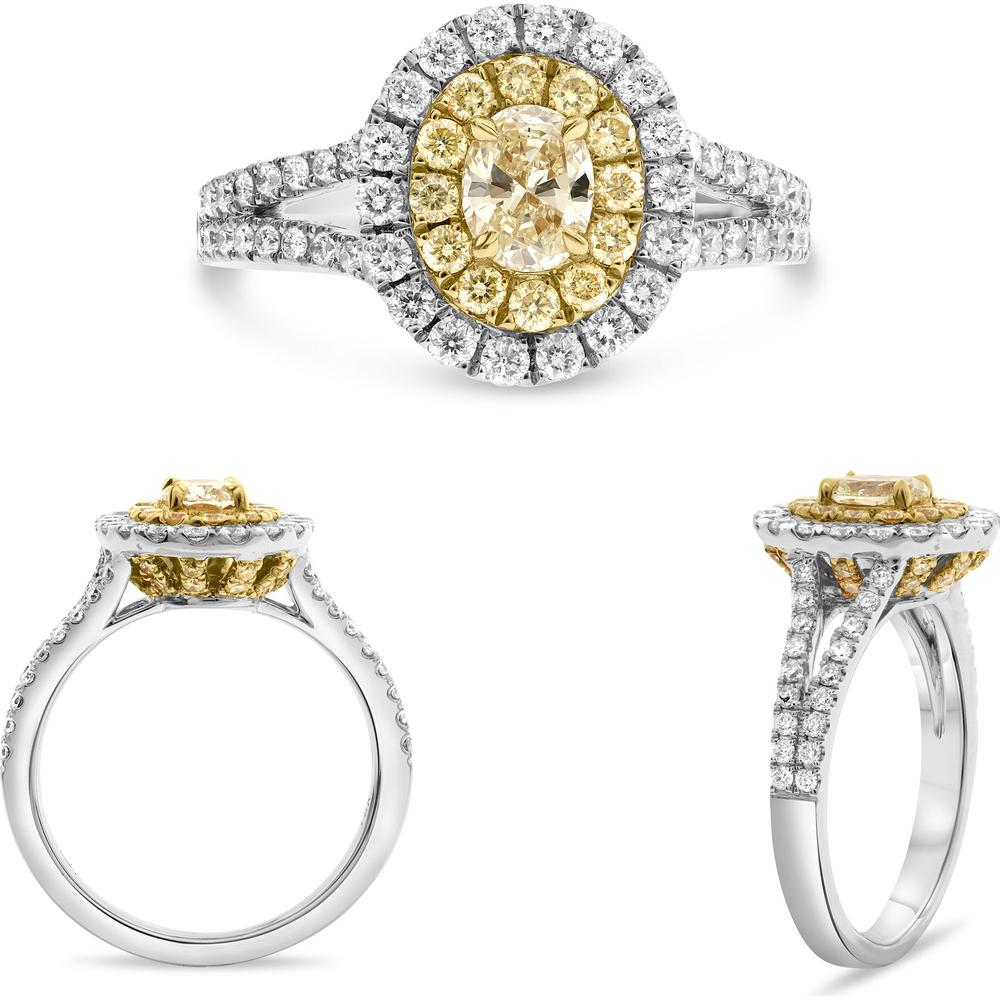 Roman & Jules - 18K White and Yellow Gold Oval Fancy Yellow Diamond Ring with Round Diamond Halo - 1.53 Carat Total Diamond Weight