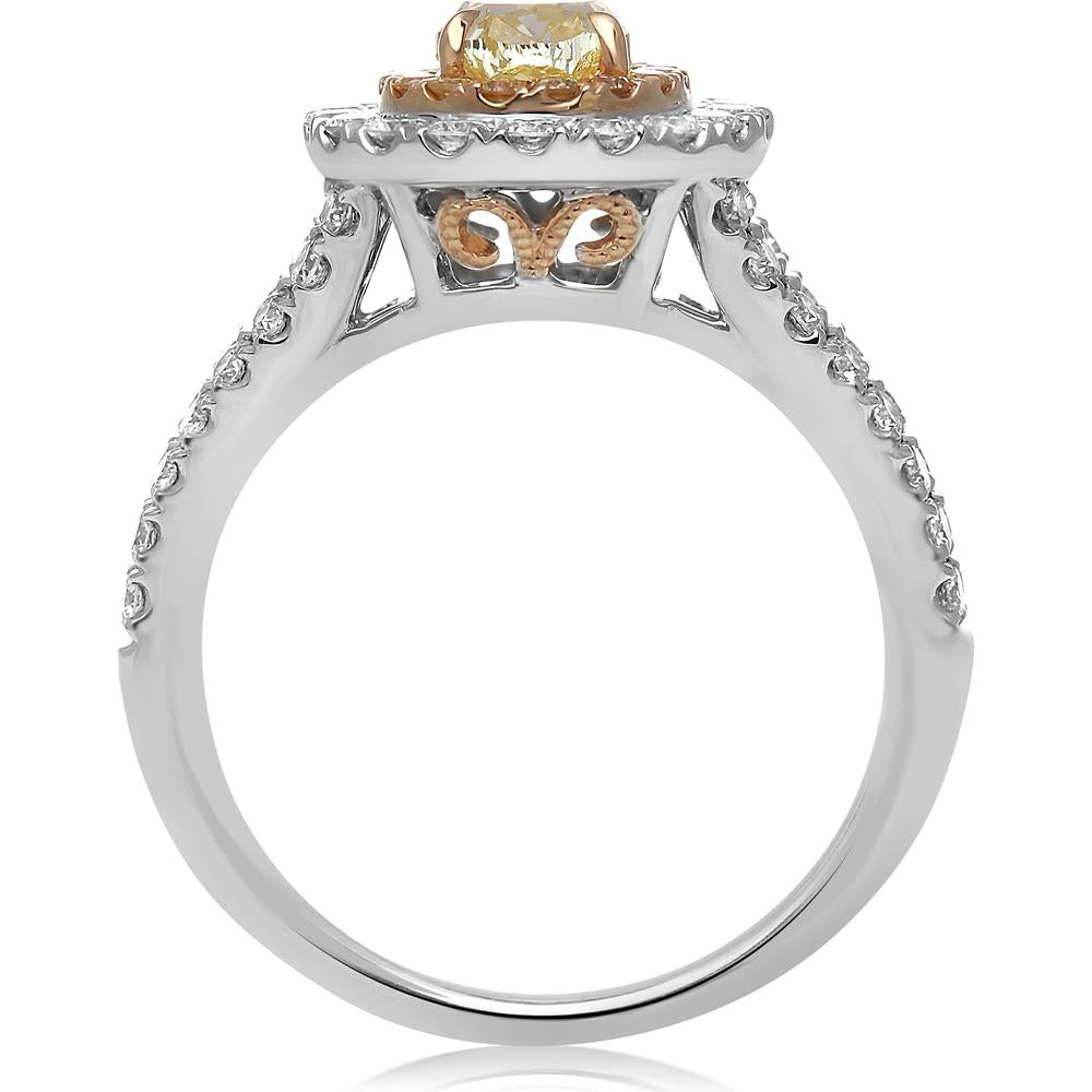 Roman & Jules - 18K White and Yellow Gold Oval Fancy Yellow Diamond Ring with Round Diamond Halo - 1.79 Carat Total Diamond Weight