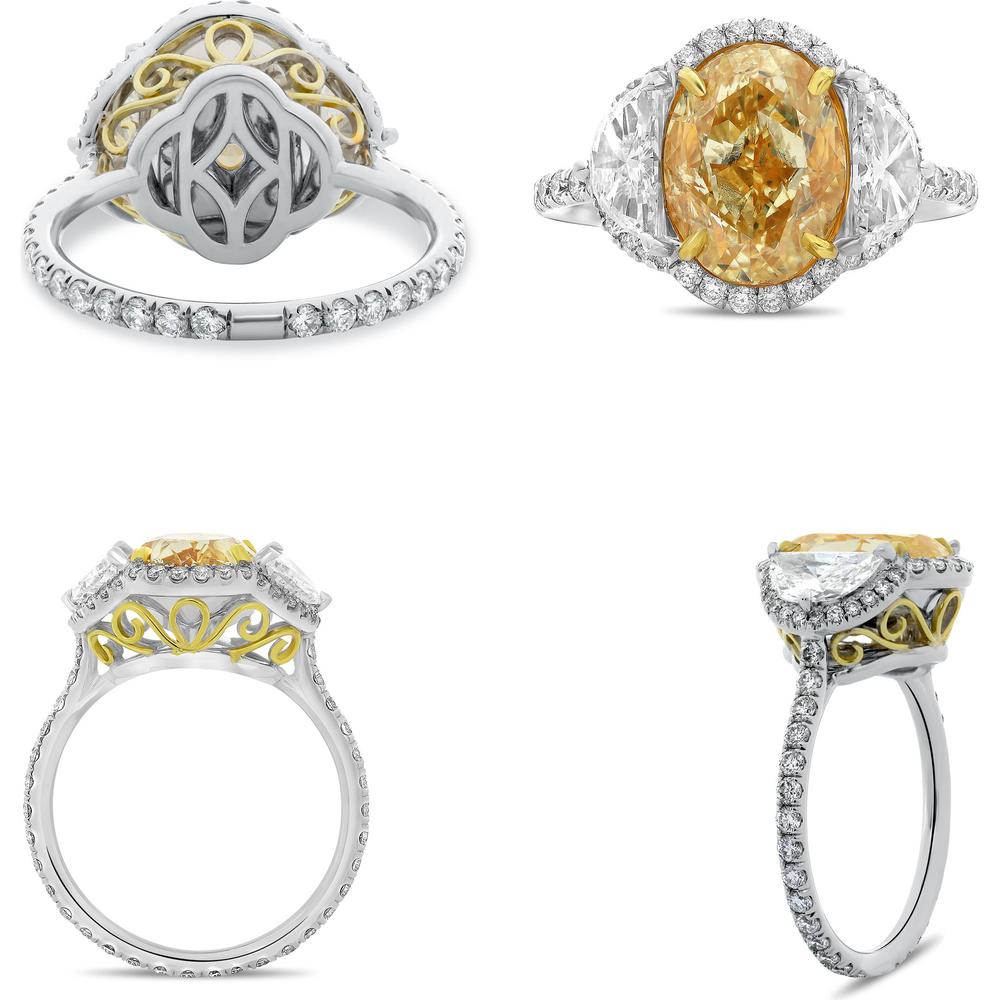 Roman & Jules - 18K White and Yellow Gold Oval Fancy Yellow Diamond Ring with Round Diamond TS Halo - 4.01 Carat Total Diamond Weight