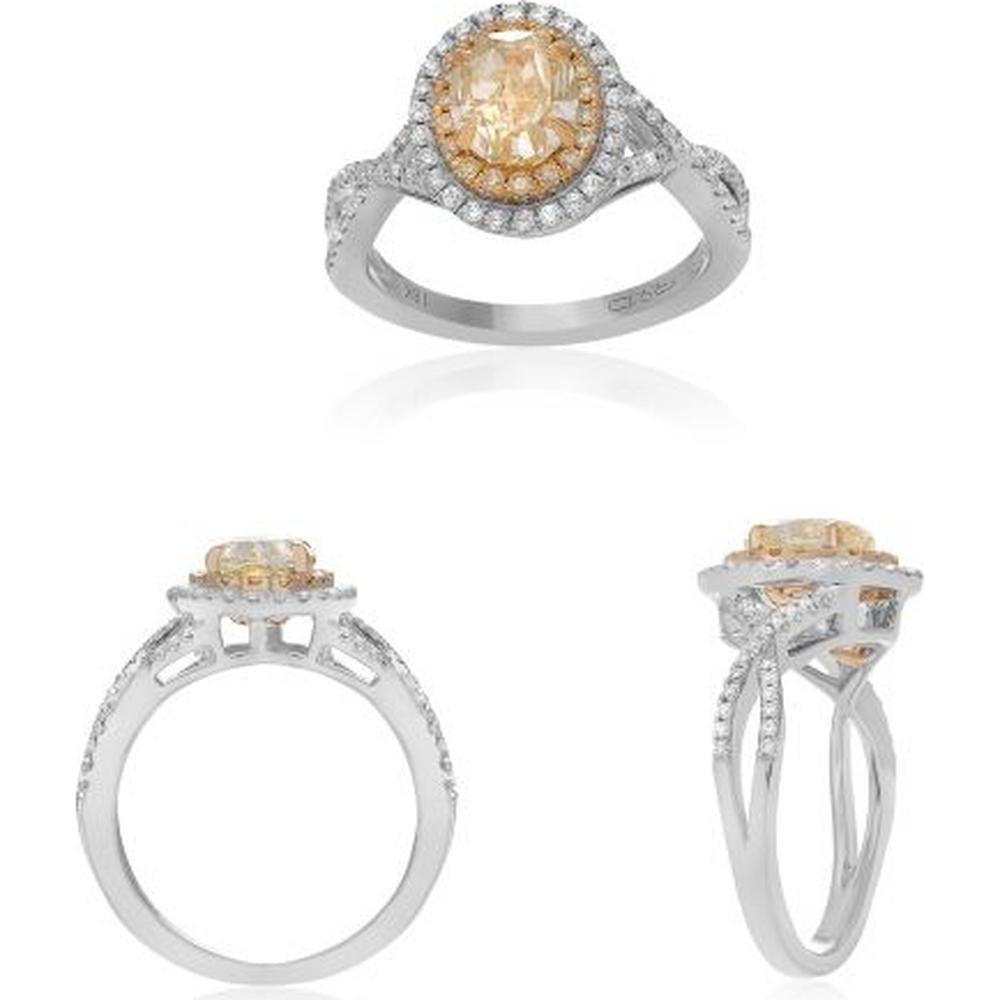 Roman & Jules - 18K White and Yellow Gold Oval Fancy Yellow Diamond Ring with Round Diamonds - 0.29 Carat Total Diamond Weight