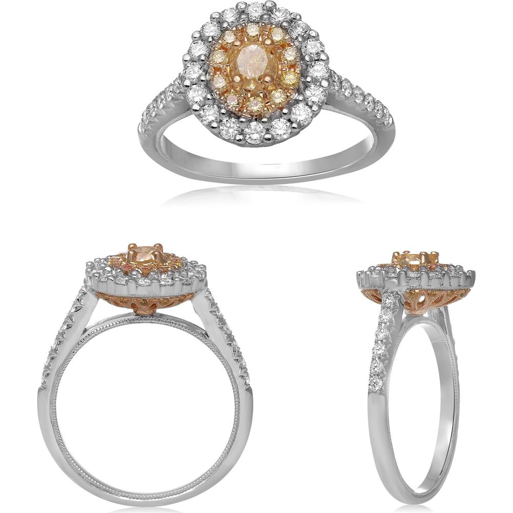 Roman & Jules - 18K White and Yellow Gold Oval Fancy Yellow Diamond Ring with Round Diamonds - 0.49 Carat Total Diamond Weight