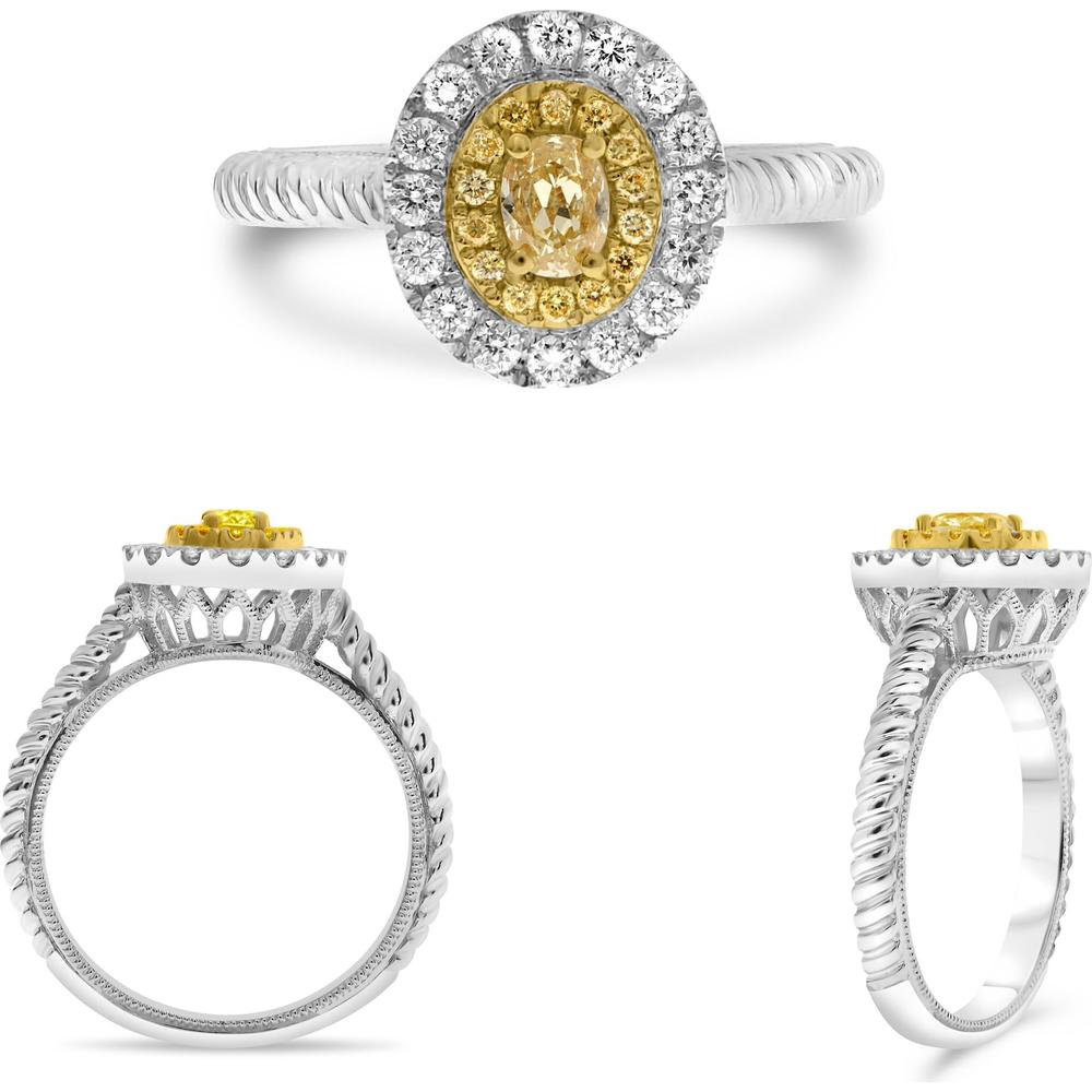 Roman & Jules - 18K White and Yellow Gold Oval Fancy Yellow Diamond Ring with Round White and Yellow Diamonds - 0.67 Carat Total Diamond Weight