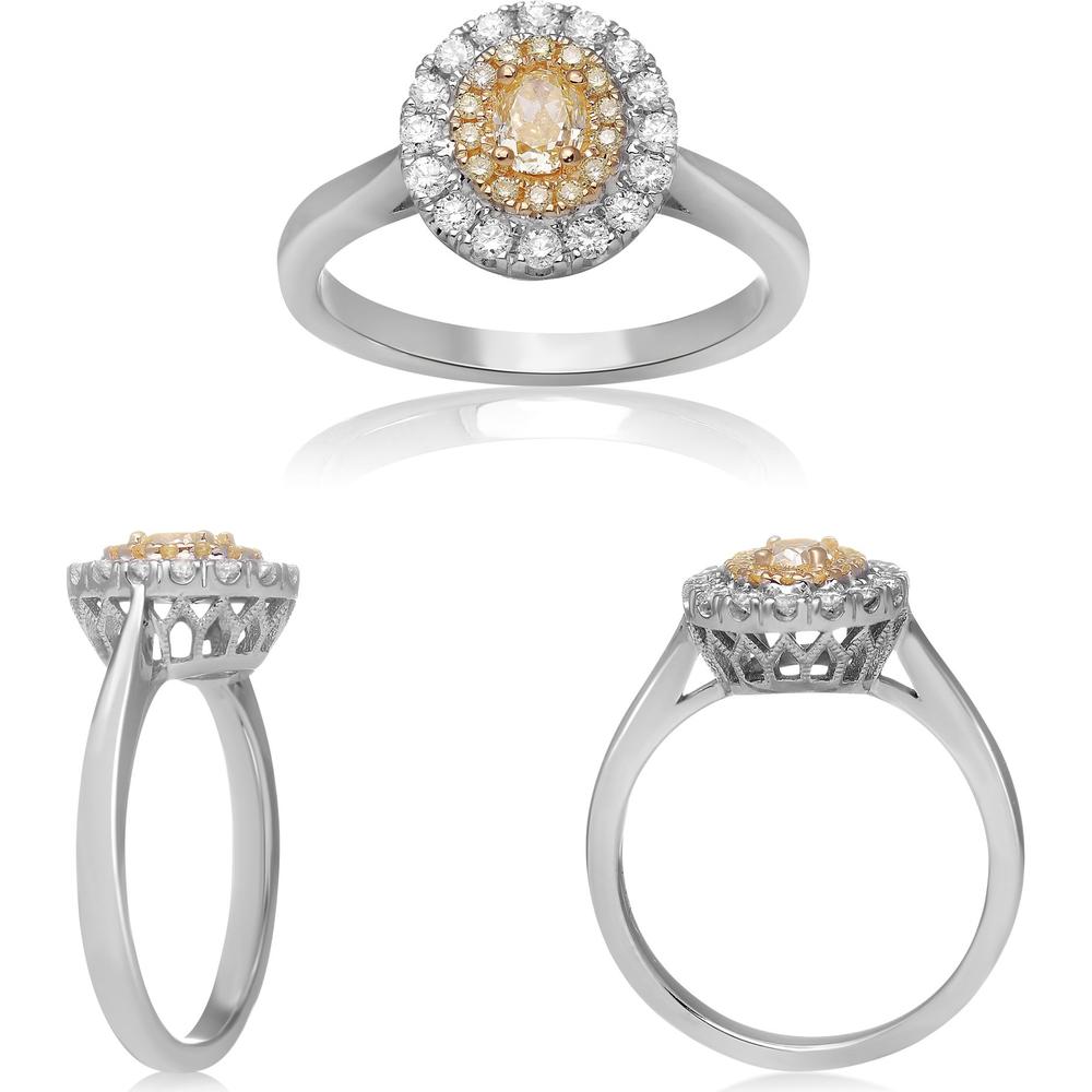 Roman & Jules - 18K White and Yellow Gold Oval Fancy Yellow Diamond Ring with Round White Diamonds - 0.78 Carat Total Diamond Weight