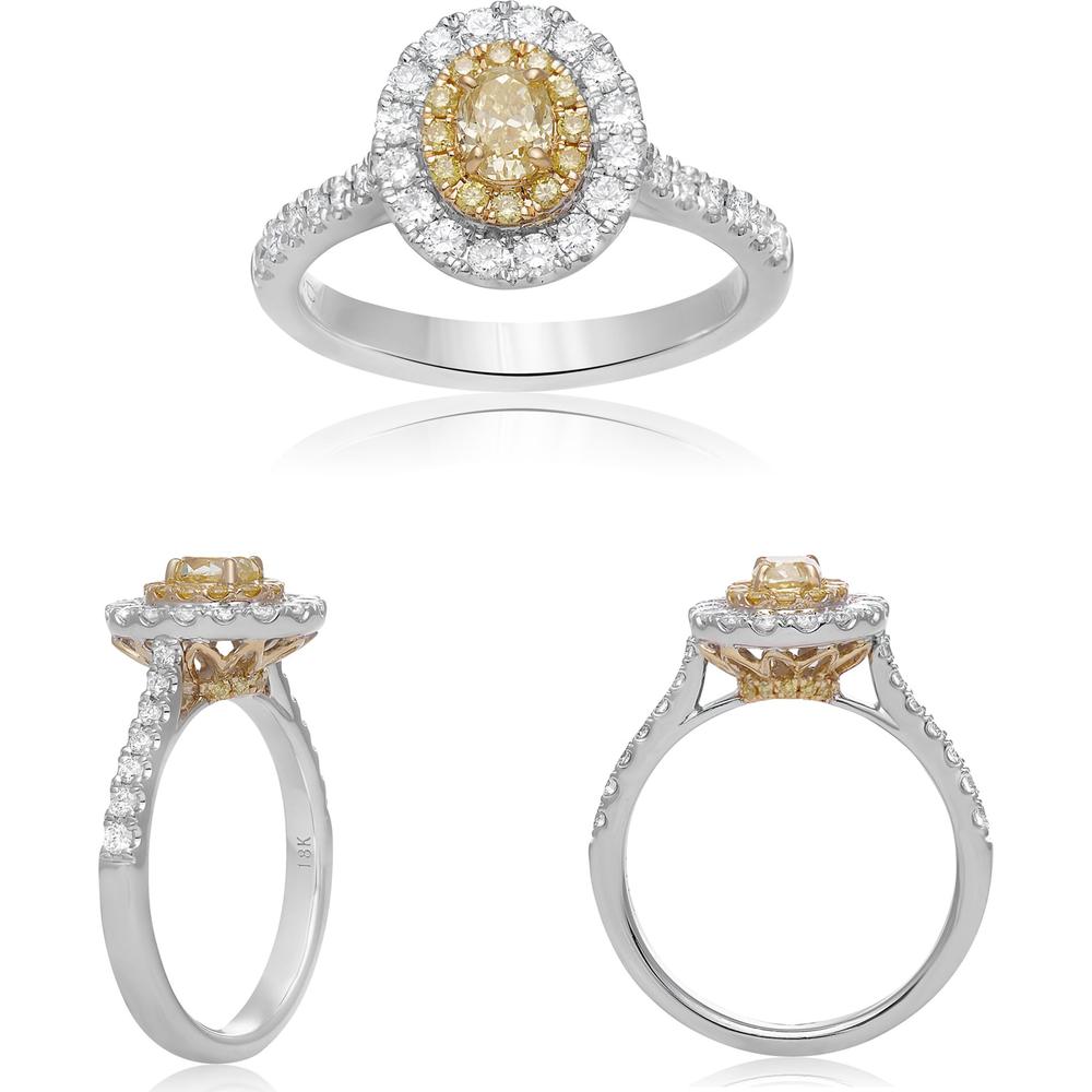 Roman & Jules - 18K White and Yellow Gold Oval Fancy Yellow Diamond Ring with Round White Diamonds - 1.15 Carat Total Diamond Weight