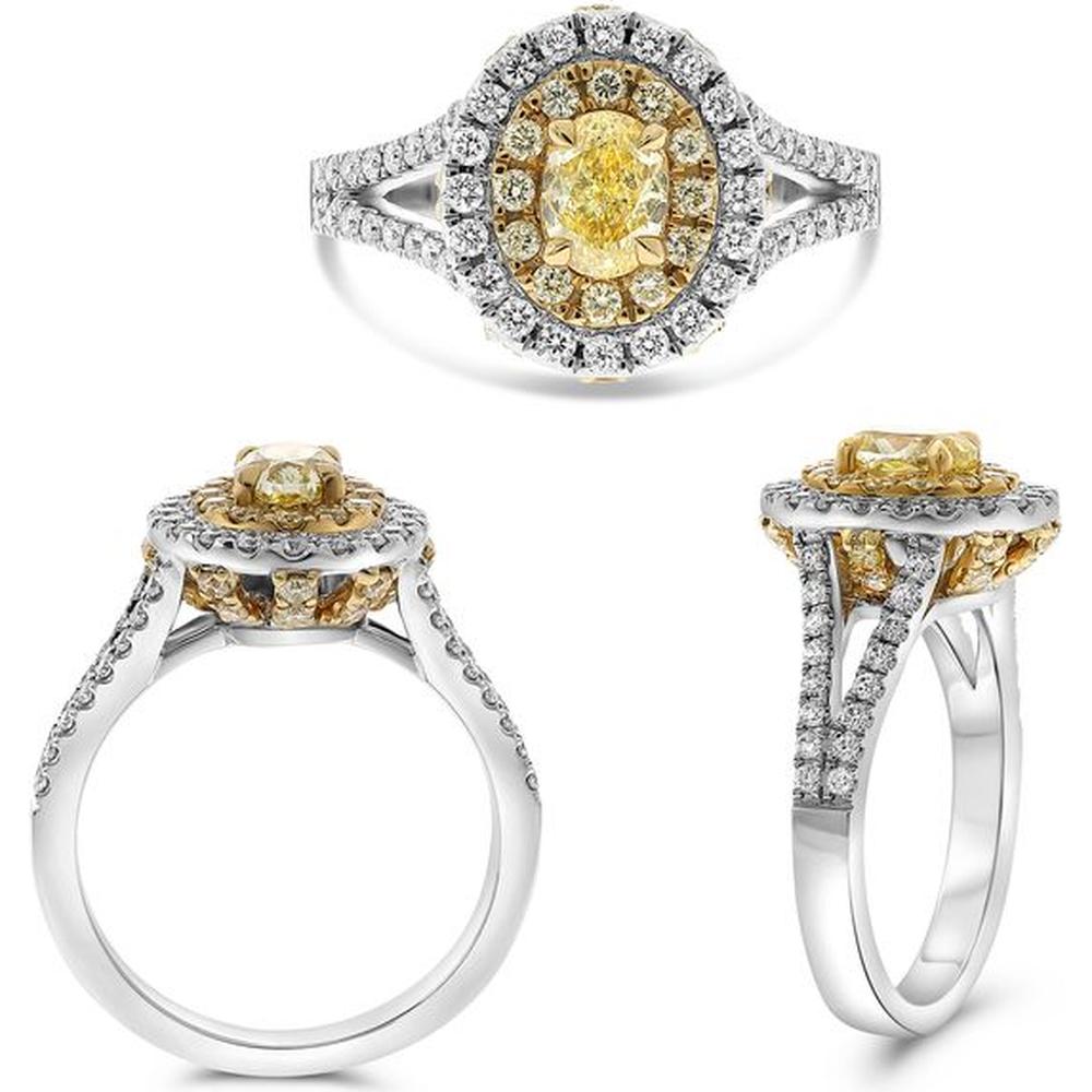 Roman & Jules - 18K White and Yellow Gold Oval Fancy Yellow Diamond Ring with Round White Diamonds - 1.43 Carat Total Diamond Weight