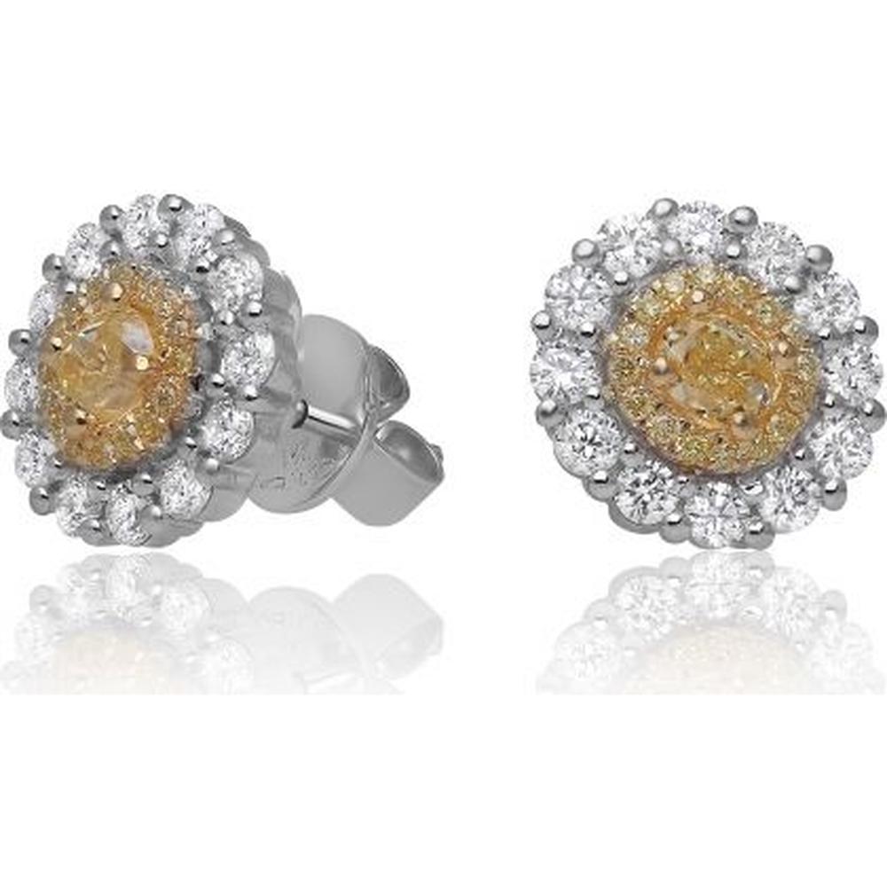 Roman & Jules - 18K White and Yellow Gold Oval Fancy Yellow Diamond Stud Earrings with Round White Diamond Halo - 1.38 Carat Total Diamond Weight