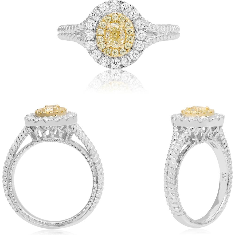 Roman & Jules - 18K White & Yellow Gold Oval Halo Diamond Ring with Fancy Yellow Center - 0.57 Carat Total Diamond Weight