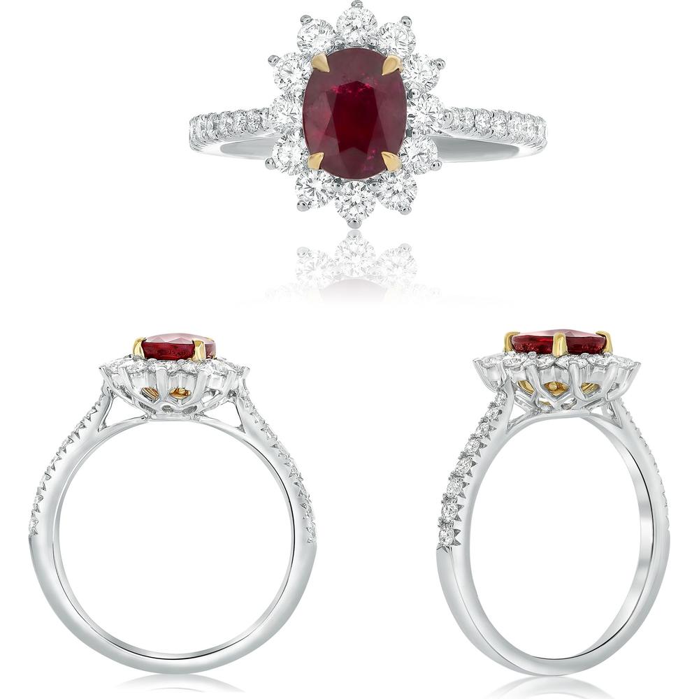 Roman & Jules - 18K White and Yellow Gold Oval Ruby Halo Ring with Round Diamonds - 1.55 Carat Total Diamond Weight