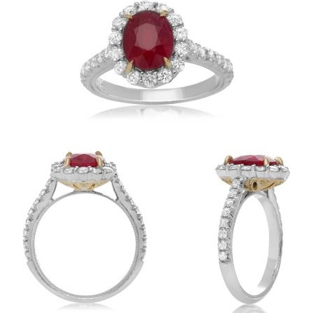 Roman & Jules - 18K White & Yellow Gold Oval Ruby Halo Ring with Round Diamonds - 2.42 Carat Total Ruby Weight