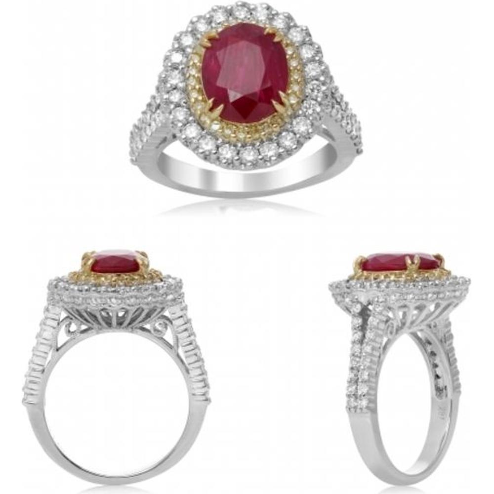 Roman & Jules - 18K White and Yellow Gold Oval Ruby Ring with Round Diamond Halo - 3.10 Carat Ruby, 1.10 Carat Total Diamond Weight