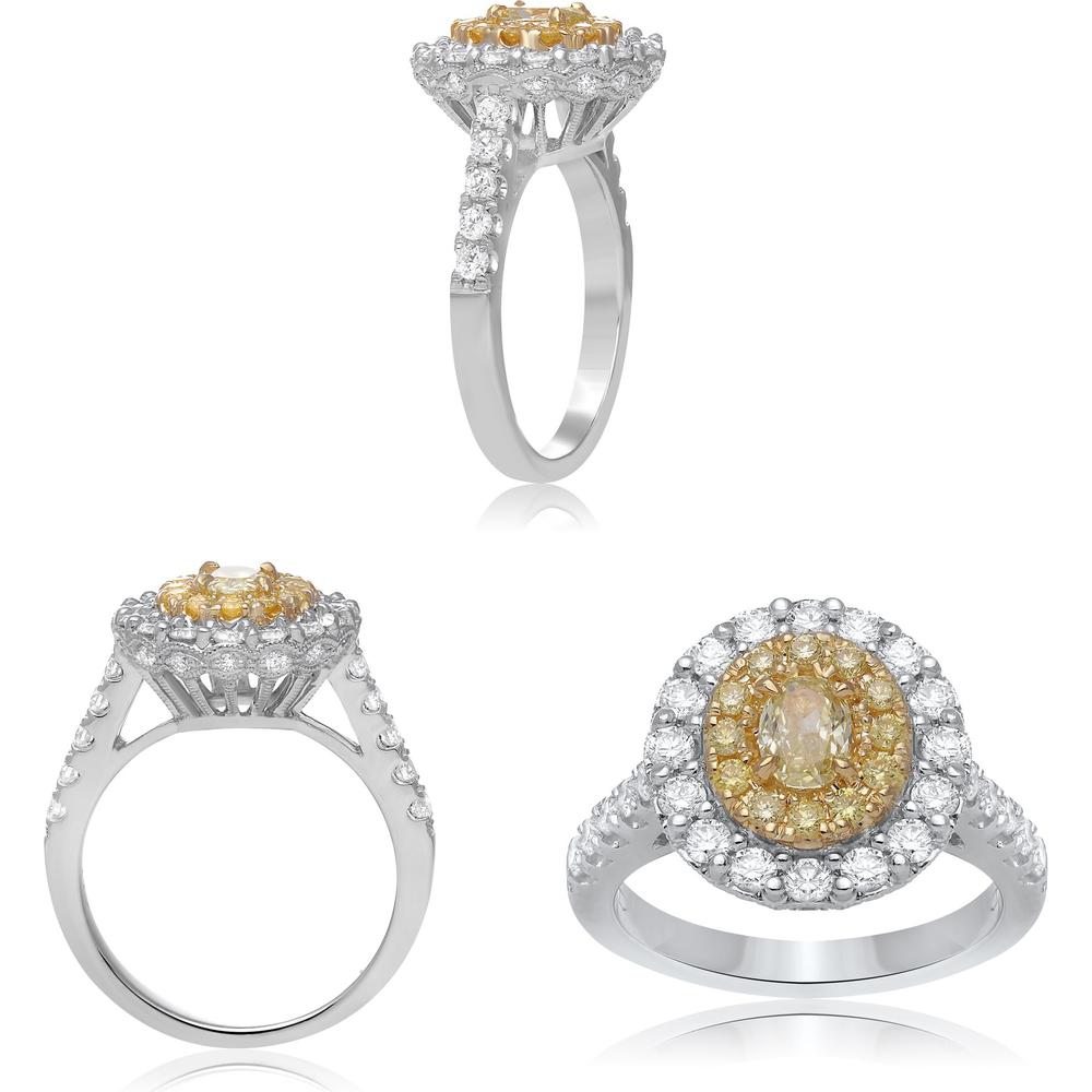 Roman & Jules - 18K White and Yellow Gold Oval Yellow Diamond Halo Ring with Round White Diamonds - 1.52 Carat Total Diamond Weight
