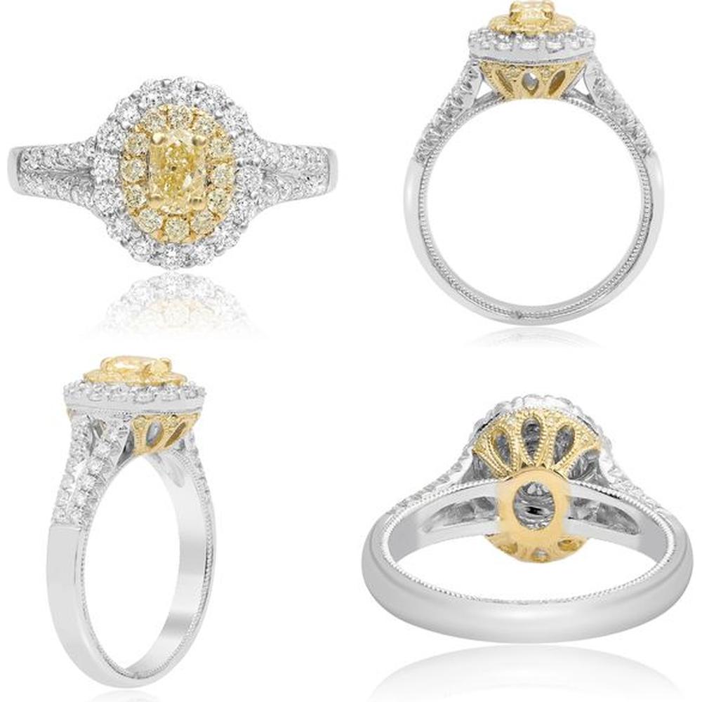 Roman & Jules - 18K White and Yellow Gold Paved Split Shank Halo Ring with Fancy Yellow Oval Diamond - 1.06 Carat Total Diamond Weight