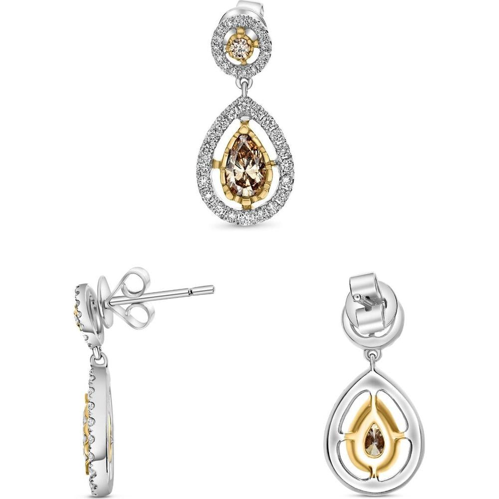 Roman & Jules - 18K White and Yellow Gold Pear Shape Champagne Diamond Halo Earrings - 1.07 Carat Total Diamond Weight