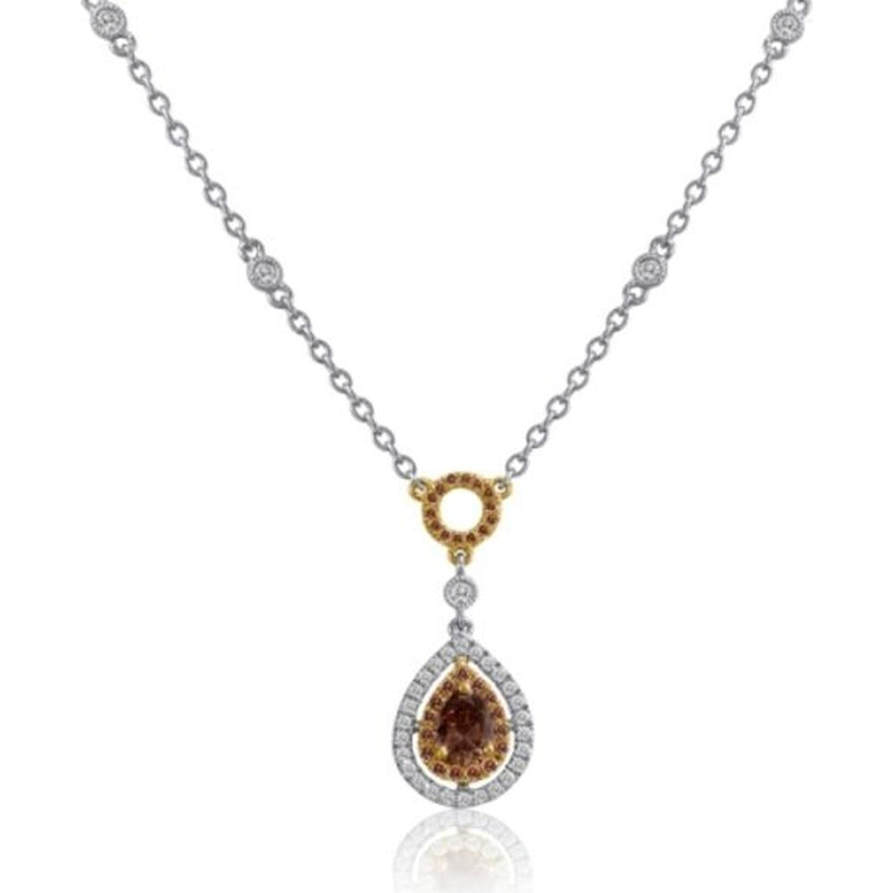 Roman & Jules - 18K White and Yellow Gold Pear Shape Champagne Diamond Necklace with Round Diamond Halo - 0.32 Carat Champagne Diamond, 0.37 Carat Round Diamond