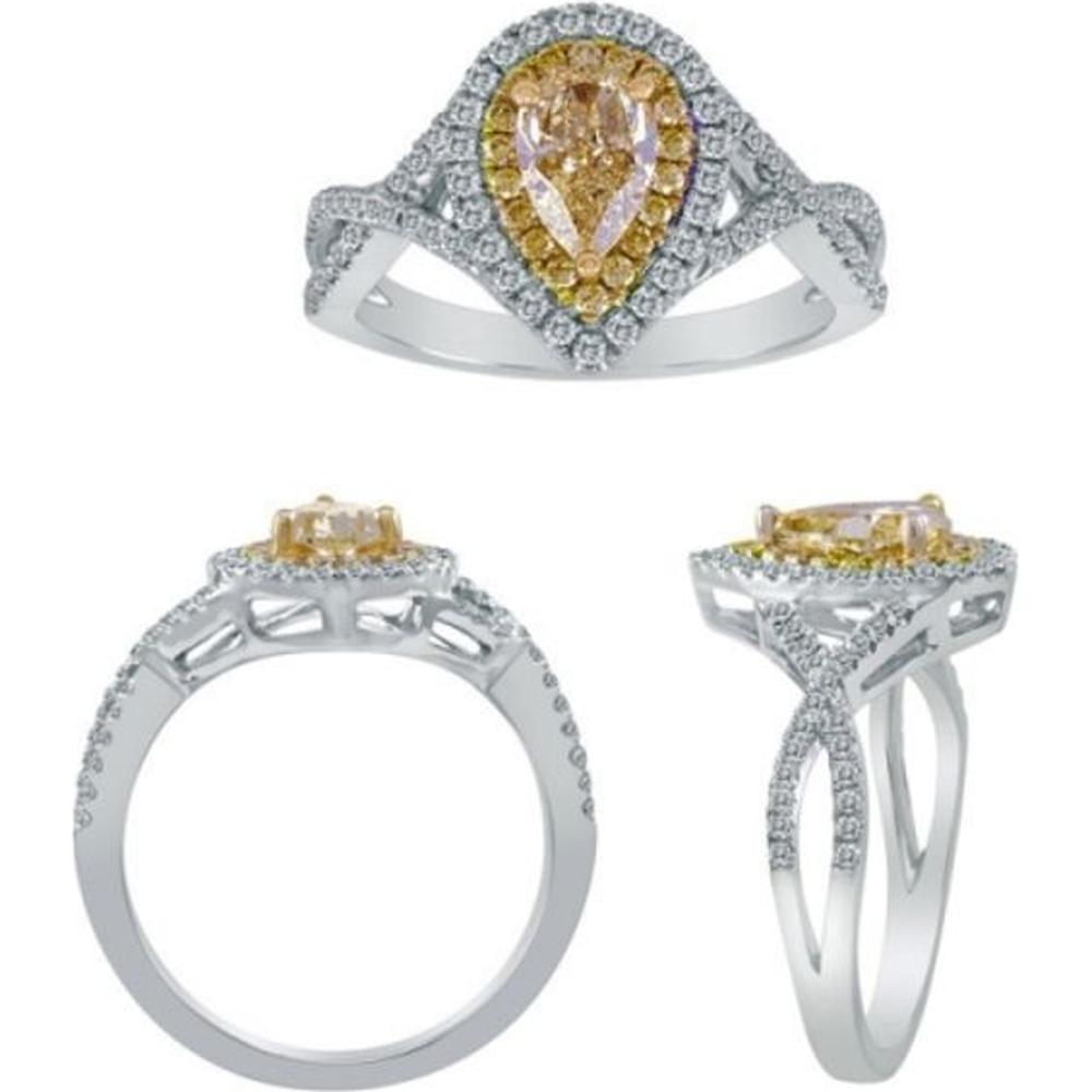 Roman & Jules - 18K White and Yellow Gold Pear Shape Champagne Diamond Ring with Round Halo and Twist Shank - 0.64 Carat Total Diamond Weight