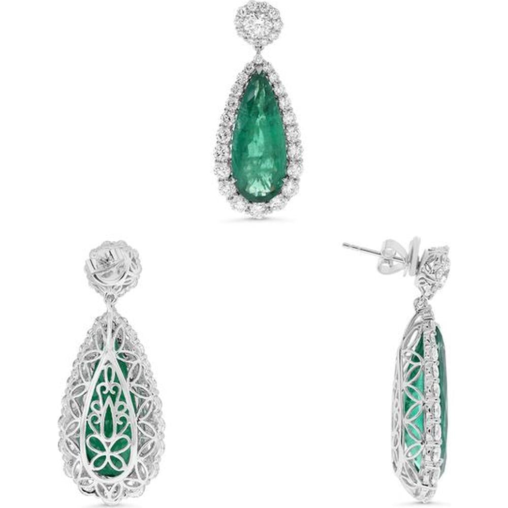 Roman & Jules - 18K White & Yellow Gold Pear Shape Emerald and Round Diamond Halo Drop Earrings - 20.82 Carat Total Emerald Weight, 5.30 Carat Total Diamond Weight