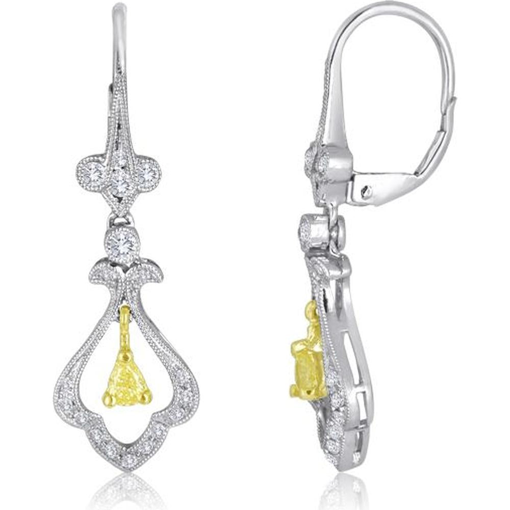 Roman & Jules - 18K White and Yellow Gold Pear Shape Fancy Yellow Diamond Earrings with Round Diamonds - 0.46 Carat Total Diamond Weight