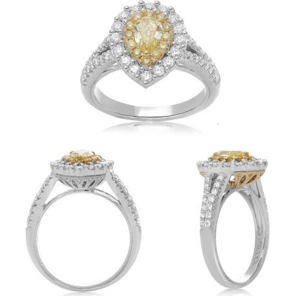 Roman & Jules - 18K White and Yellow Gold Pear Shape Fancy Yellow Diamond Ring with Diamond Halo - 0.57 Carat Total Diamond Weight