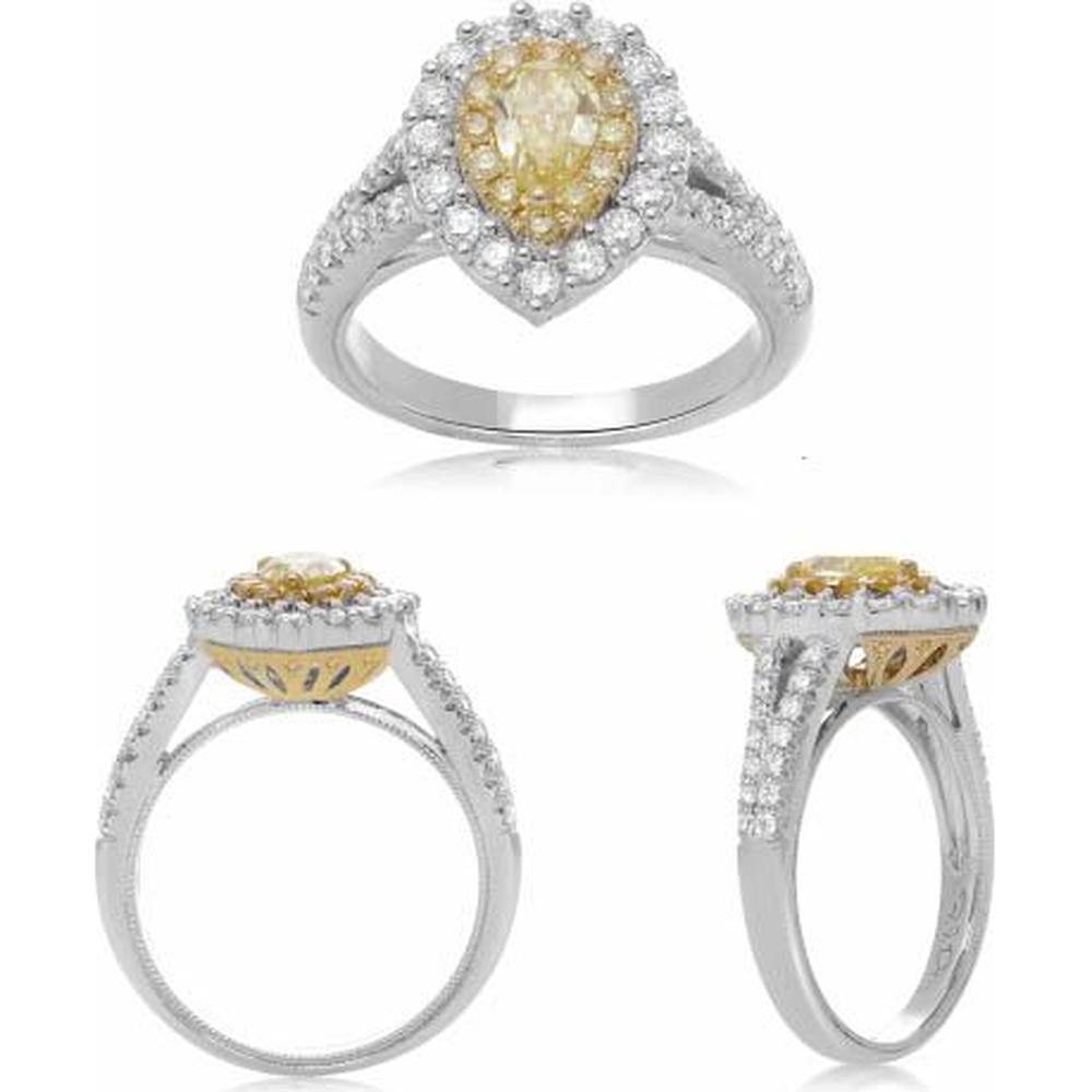 Roman & Jules - 18K White and Yellow Gold Pear Shape Fancy Yellow Diamond Ring with Round Diamond Halo - 0.64 Carat Total Diamond Weight