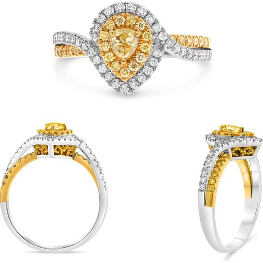 Roman & Jules - 18K White and Yellow Gold Pear Shape Fancy Yellow Diamond Ring with Round Diamond Halo - 0.68 Carat Total Diamond Weight