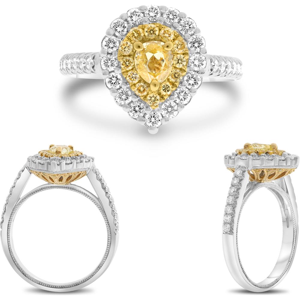 Roman & Jules - 18K White and Yellow Gold Pear Shape Fancy Yellow Diamond Ring with Round White Diamonds - 0.65 Carat Total Diamond Weight