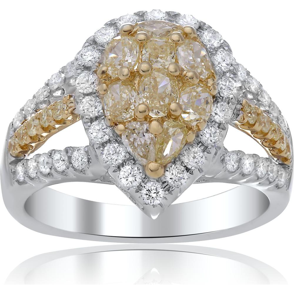 Roman & Jules - 18K White & Yellow Gold Pear Shape Fancy Yellow Diamond Ring with Round White Diamonds - 1.54 Carat Total Diamond Weight