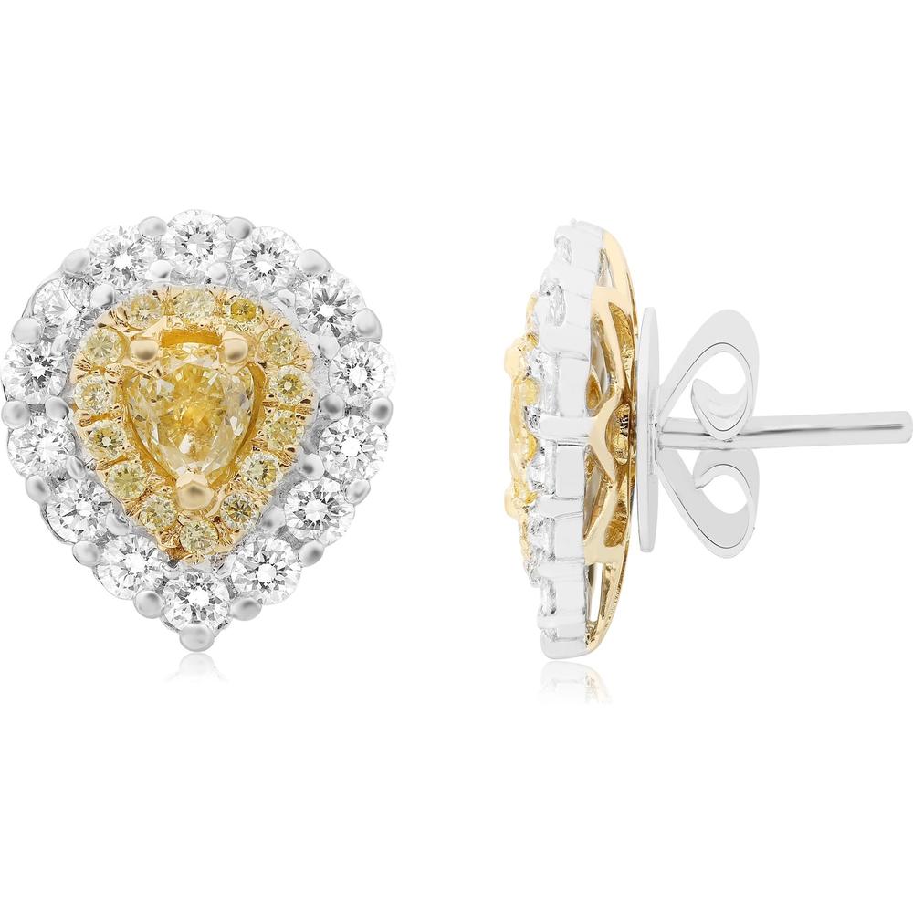 Roman & Jules - 18K White and Yellow Gold Pear Shape Fancy Yellow Diamond Stud Earrings with Round Diamond Halo - 1.30 Carat Total Diamond Weight