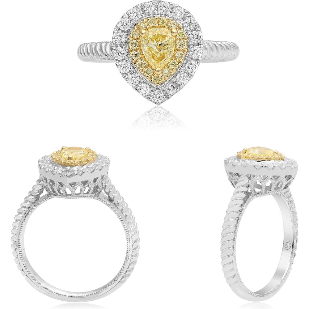 Roman & Jules - 18K White and Yellow Gold Pear-Shaped Diamond Ring with Fancy Yellow Diamond and Round Diamonds - 0.78 Carat Total Diamond Weight