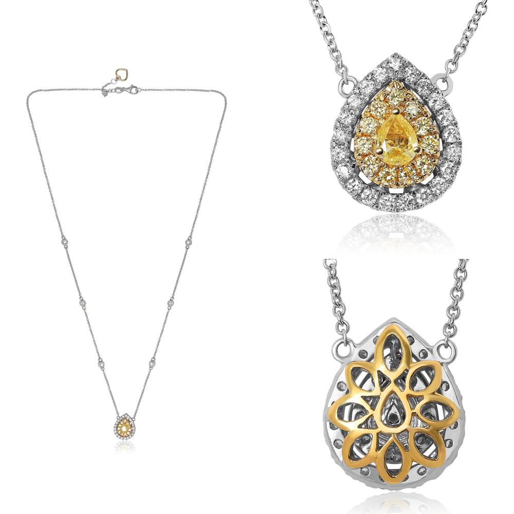 Roman & Jules - 18K White and Yellow Gold Pear-Shaped Fancy Yellow Diamond Pendant Necklace with Round White Diamonds - 0.57 Carat Total Diamond Weight