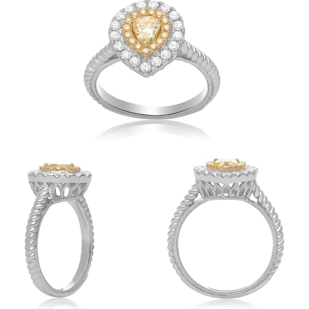 Roman & Jules - 18K White and Yellow Gold Pear-Shaped Fancy Yellow Diamond Ring with Round Diamond Halo - 0.78 Carat Total Diamond Weight