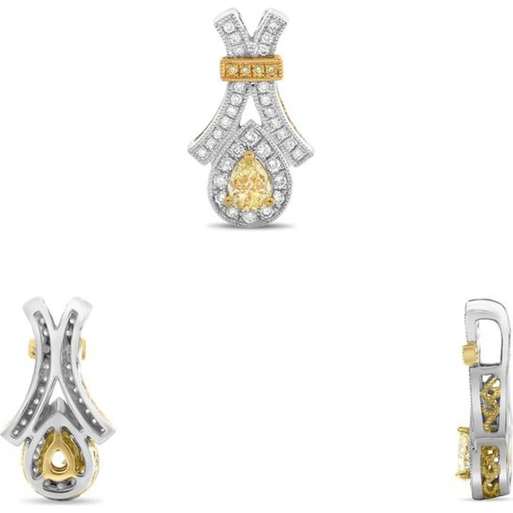 Roman & Jules - 18K White and Yellow Gold Pendant with Pear-Shaped Fancy Yellow Diamond and Round Diamond Halo - 0.26 Carat Total Diamond Weight
