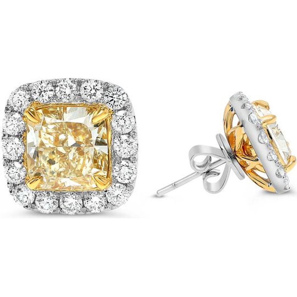 Roman & Jules - 18K White and Yellow Gold Radiant Cushion Cut Fancy Yellow Diamond Stud Earrings with Halo - 1.05 Carat Total Diamond Weight