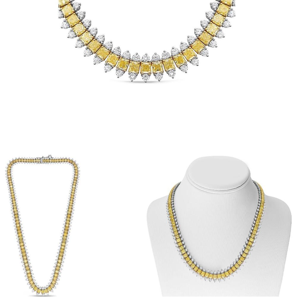Roman & Jules - 18K White and Yellow Gold Radiant Cut Fancy Yellow Diamond Necklace - 42.57 Carat Total Fancy Yellow Diamond Weight, 16.91 Carat Total Round Diamond Weight