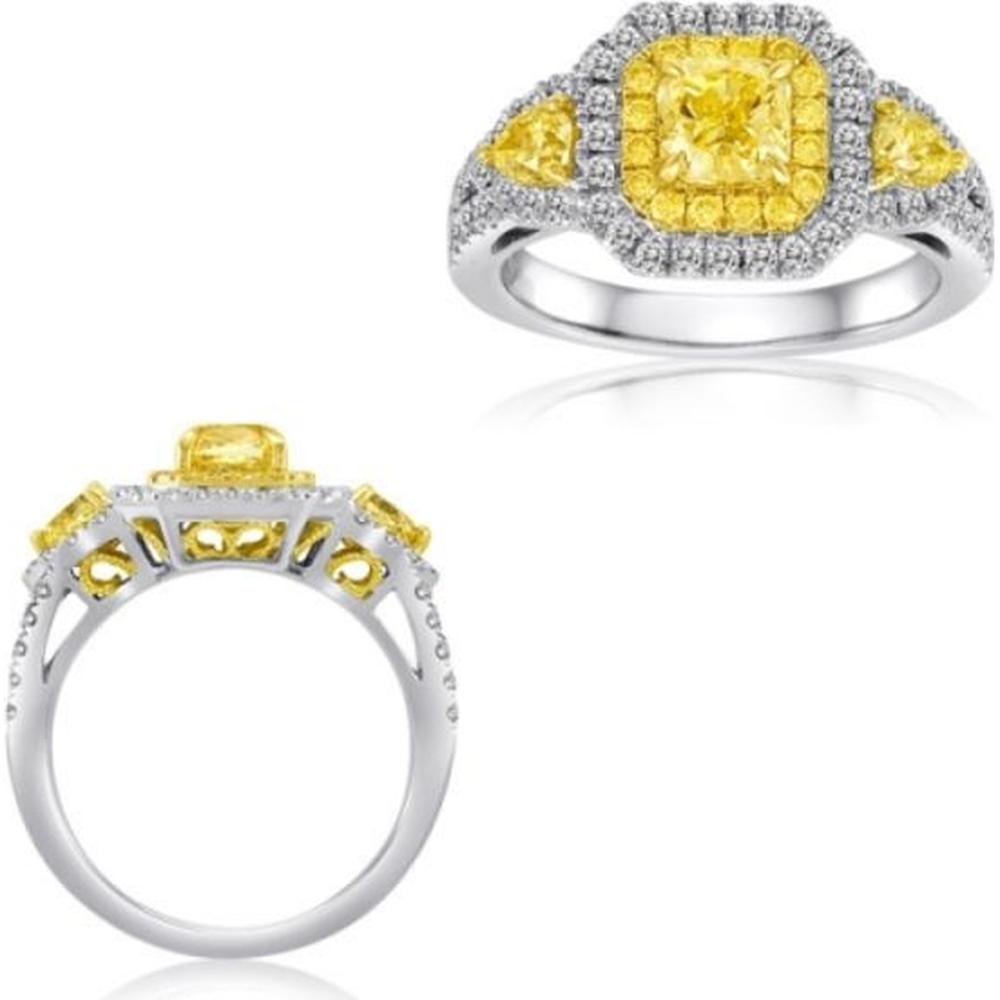 Roman & Jules - 18K White and Yellow Gold Radiant Cut Fancy Yellow Diamond Ring with Halo - 1.01 Carat Total Diamond Weight