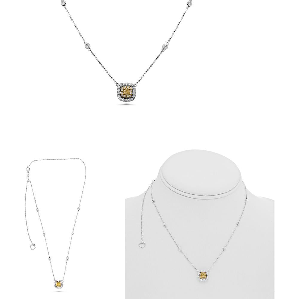 Roman & Jules - 18K White and Yellow Gold Radiant Cut Yellow Diamond Drop Necklace with Round White and Yellow Diamonds - 1.00 Carat Total Diamond Weight