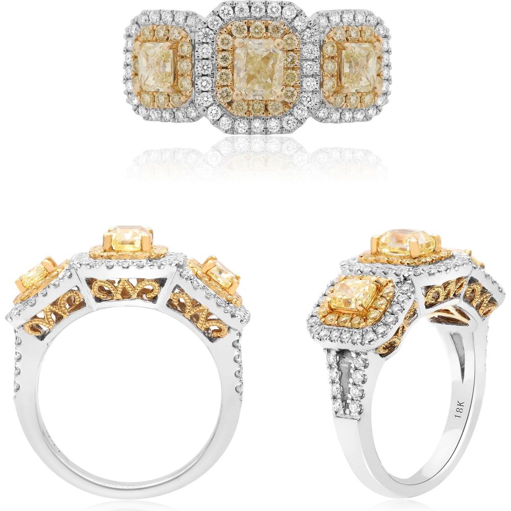 Roman & Jules - 18K White and Yellow Gold Radiant Double Halo Diamond Ring with 1.31 Carat Fancy Yellow Diamonds and White Diamonds