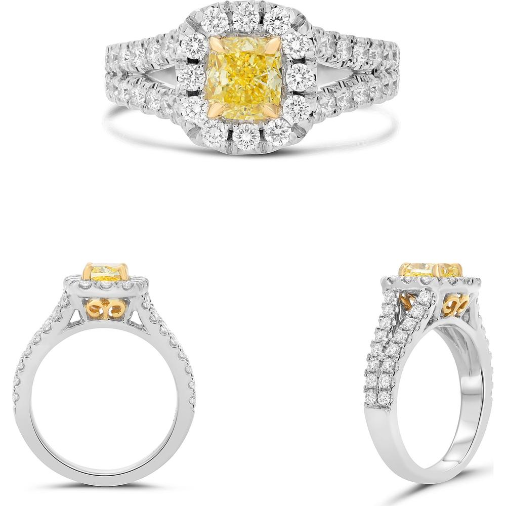 Roman & Jules - 18K White and Yellow Gold Radiant Fancy Yellow Diamond Halo Ring - 0.75 Carat Total Diamond Weight