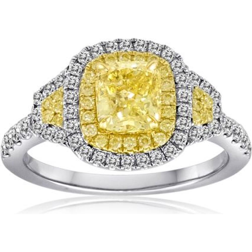 Roman & Jules - 18K White & Yellow Gold Radiant Fancy Yellow Diamond Halo Ring - 1.01 Carat Total Diamond Weight