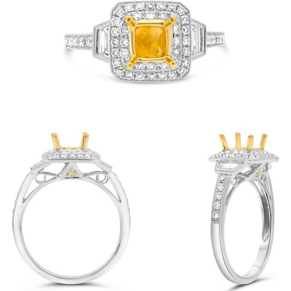 Roman & Jules - 18K White and Yellow Gold Radiant Fancy Yellow Diamond Halo Ring with Round and Baguette Diamonds - 0.41 Carat Total Diamond Weight