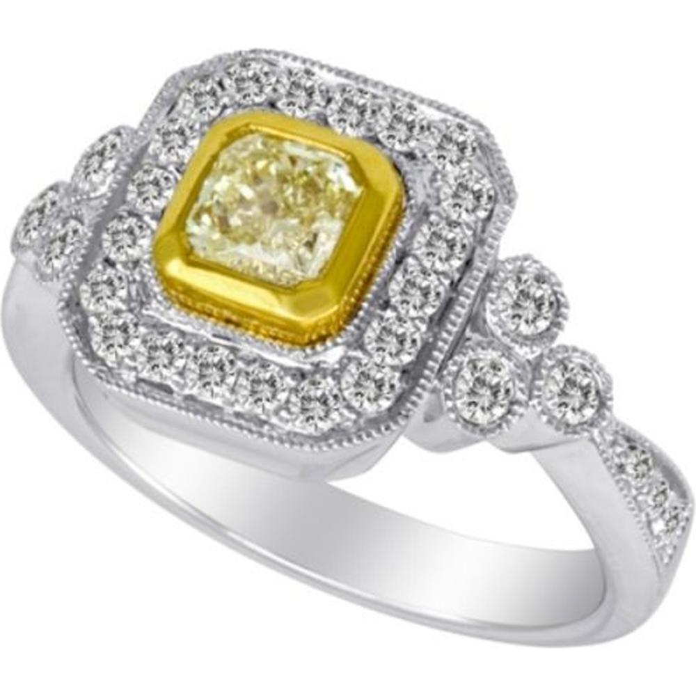 Roman & Jules - 18K White and Yellow Gold Radiant Fancy Yellow Diamond Halo Ring with Round Diamonds - 0.58 Carat Total Diamond Weight