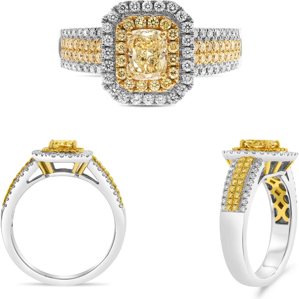 Roman & Jules - 18K White and Yellow Gold Radiant Fancy Yellow Diamond Halo Ring with Round Diamonds - 0.88 Carat Total Diamond Weight