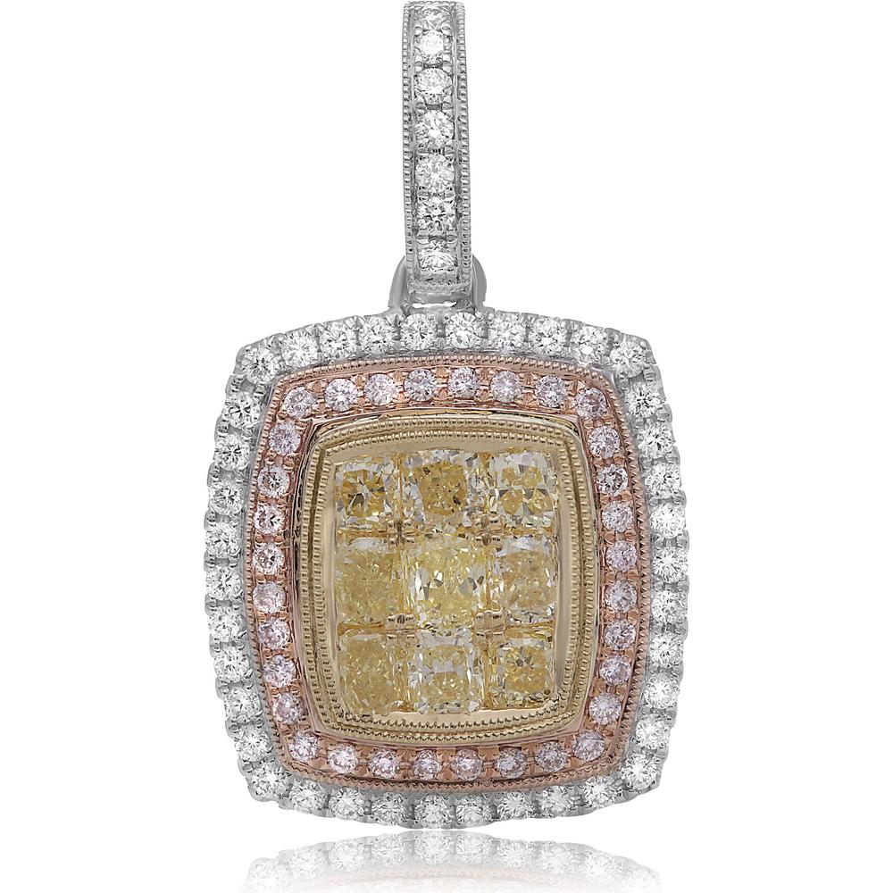 Roman & Jules - 18K White and Yellow Gold Radiant Fancy Yellow Diamond Necklace with Pink and Round Diamonds - 1.90 Carat Total Diamond Weight