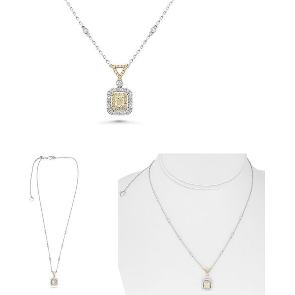 Roman & Jules - 18K White and Yellow Gold Radiant Fancy Yellow Diamond Necklace with Round Diamond Halo - 1.07 Carat Total Diamond Weight