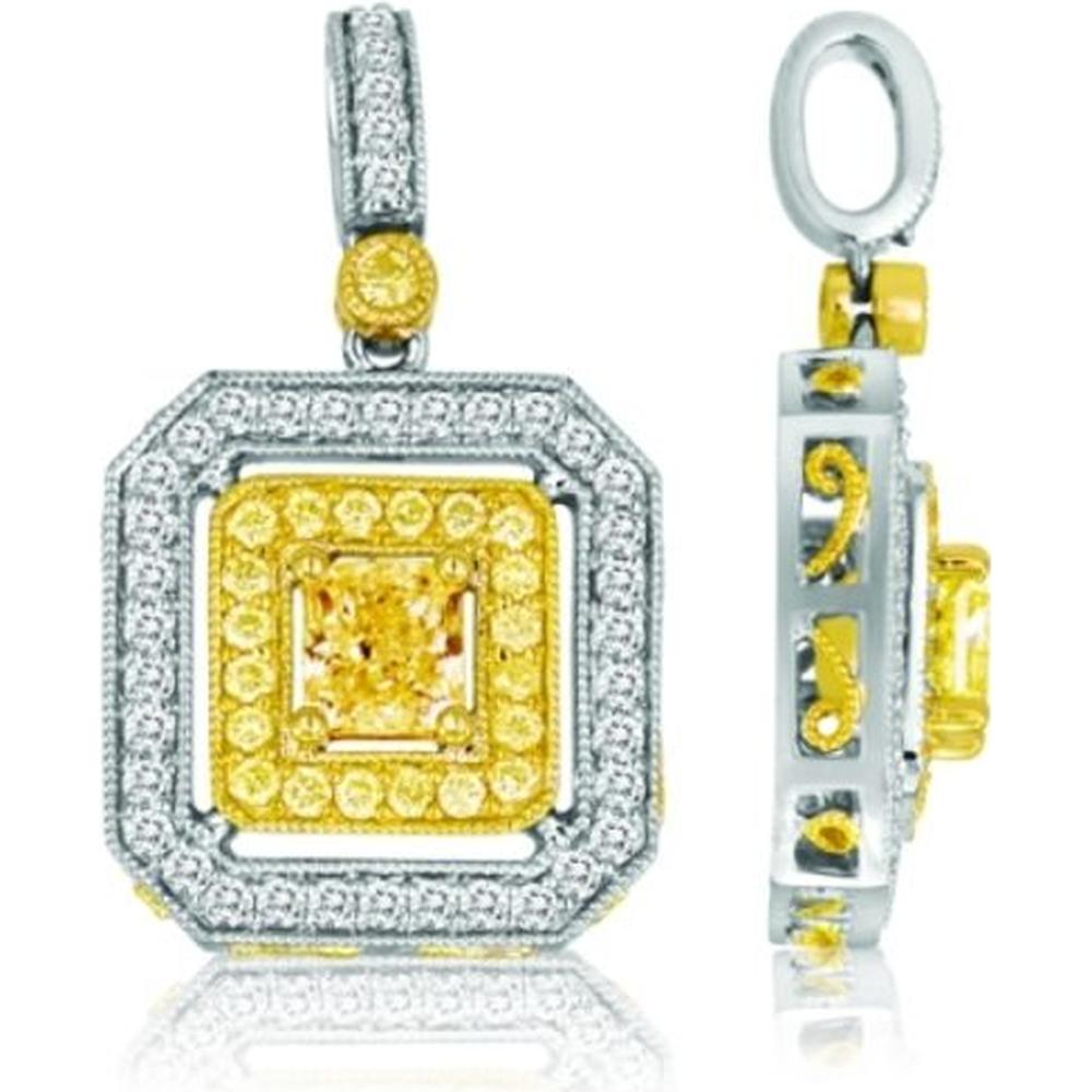 Roman & Jules - 18K White and Yellow Gold Radiant Fancy Yellow Diamond Pendant with Round and Radiant Cut Diamonds - 0.79 Carat Total Diamond Weight
