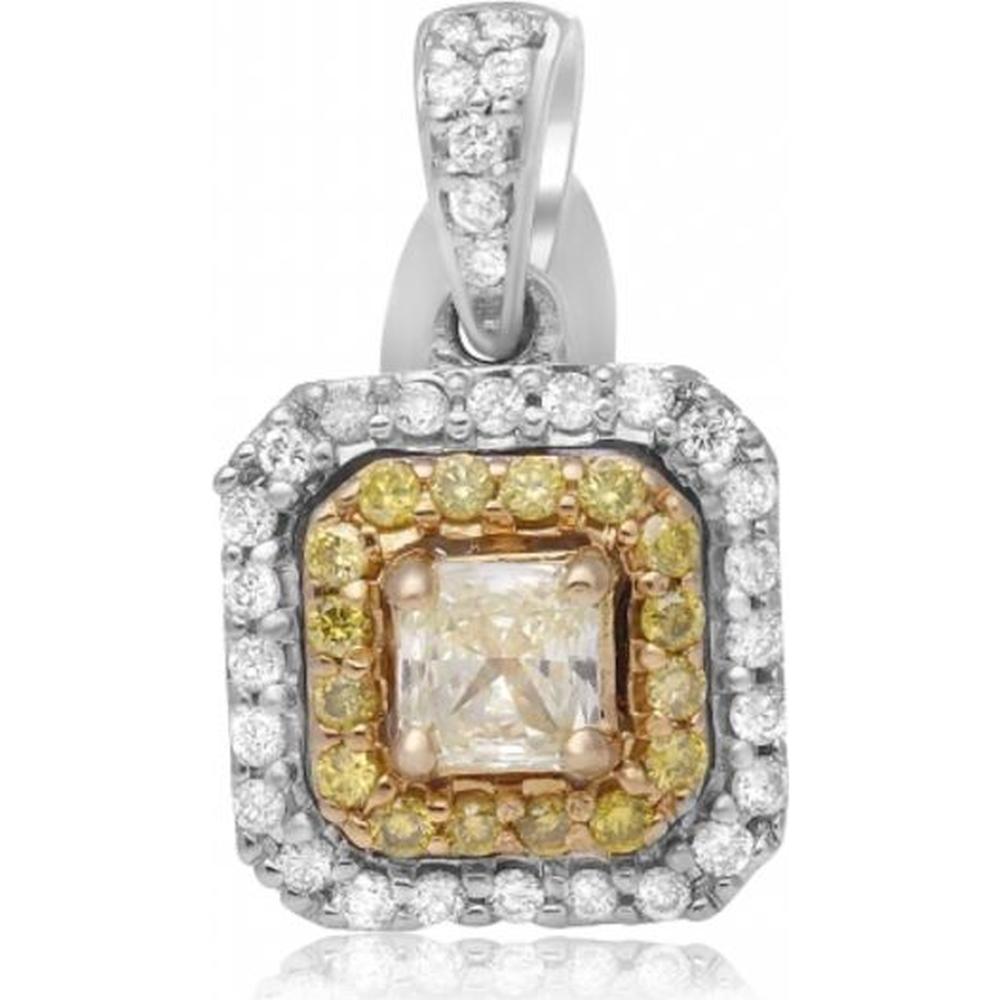 Roman & Jules - 18K White & Yellow Gold Radiant Fancy Yellow Diamond Pendant with Round Diamond Halo - 0.36 Carat Total Diamond Weight