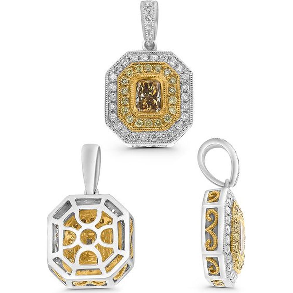 Roman & Jules - 18K White and Yellow Gold Radiant Fancy Yellow Diamond Pendant with Round White Diamonds - 0.57 Carat Total Diamond Weight