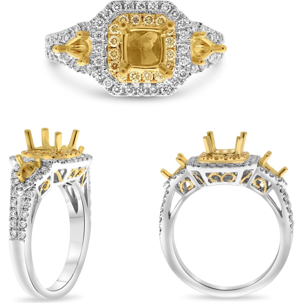 Roman & Jules - 18K White and Yellow Gold Radiant Fancy Yellow Diamond Ring with 0.18 Carat Round Diamond and 0.48 Carat White Diamond Halo